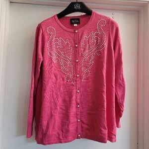 Bob Mackie wearable art pink cardigan with pearls and rhinestones